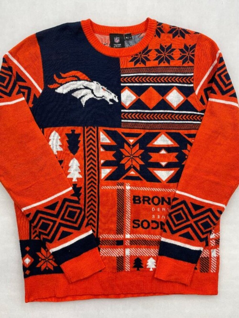 Denver Broncos NFL Team Apparel Football Retro All Over Print Sweater Men's L